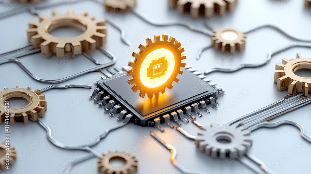 Poster a futuristic depiction of a microchip surrounded by interlinked gears, symbolizing technology, innov