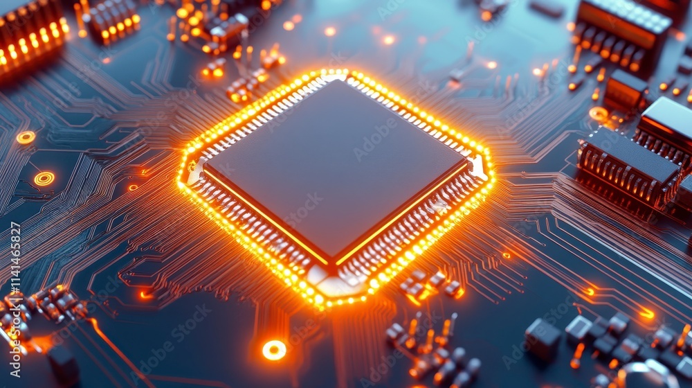 Poster a close-up view of a glowing microchip on a circuit board, showcasing intricate details and a vibran