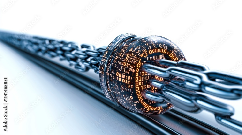 Poster a futuristic chain with a digital lock, symbolizing security and blockchain technology in a sleek, m
