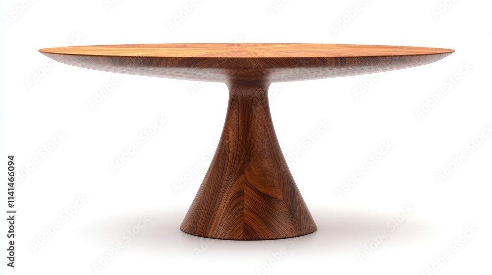 Poster a modern wooden dining table with a unique conical base and round top.