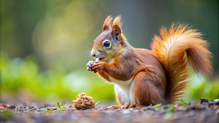 Eurasian red squirrel enjoying a hazelnut snack on the ground, squirrel, Eurasian red squirrel, hazelnut, eating, wildlife