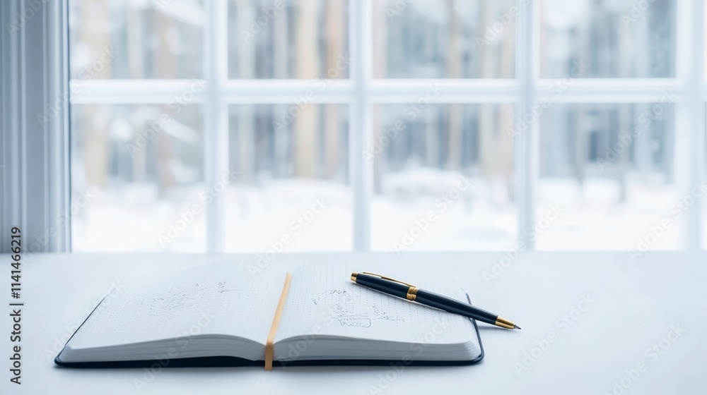 Poster A minimalist workspace featuring an open notebook and a pen, with a serene view through a window, suggesting creativity and reflection.