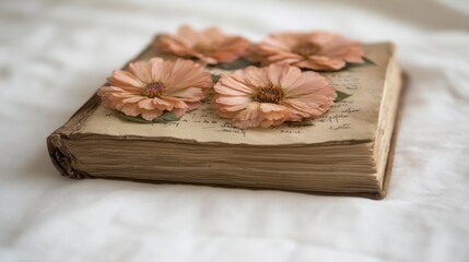 Fototapeta premium A vintage book adorned with delicate pink flowers, resting on a soft, neutral background.