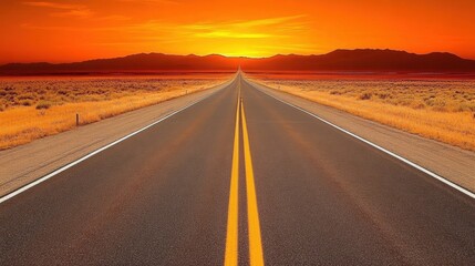 Fototapeta premium Serene Desert Road at Sunset with Stunning Horizon and Golden Sky