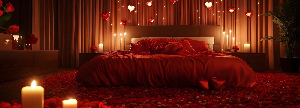 A luxurious bed covered in red satin sheets, surrounded by rose petals and heart-shaped pillows, illuminated by soft candlelight for a romantic Valentine is night