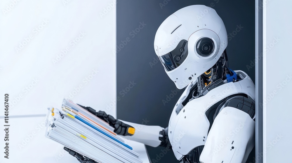 Poster a humanoid robot reading documents in a modern setting.