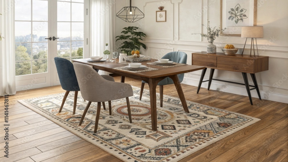 Poster a patterned area rug lies beneath the table pulling together the various elements of the room while 