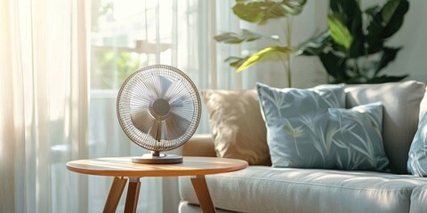 A quiet table fan placed on a side table in a living room for gentle cooling.