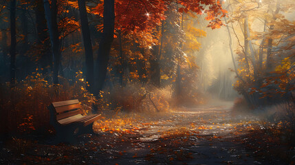 Serene Autumn Pathway: Tranquility Amidst Vibrant Fall Foliage with Sunlit Wooden Bench