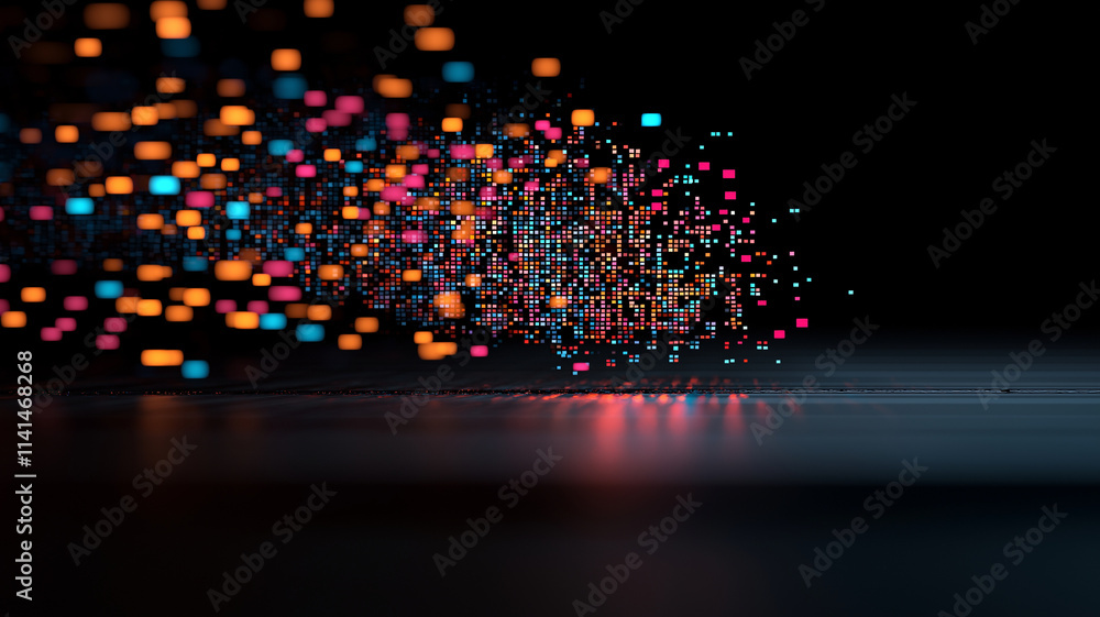 Poster vibrant digital transformation concept with colorful pixels dispersing, symbolizing innovation and technology. dynamic flow creates engaging visual effect