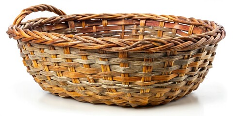 Rustic, vintage straw basket, empty and forlorn.  Urban exploration reveals its grunge texture, isolated against a plain background.