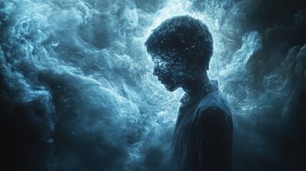 Fototapeta premium Ethereal silhouette boy amidst swirling mist