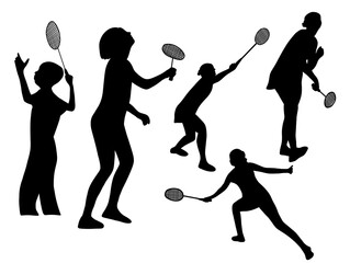 Badminton sport practice posture. Badminton game player silhouettes. Set of Badminton Silhouette vector illustration. 