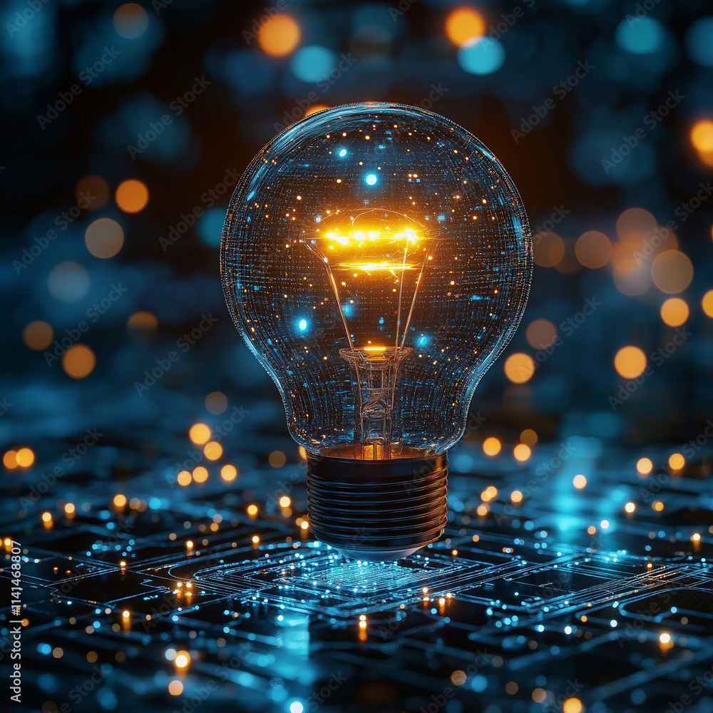 Poster glowing light bulb symbolizes innovation and digital transformation, surrounded by network of glowin