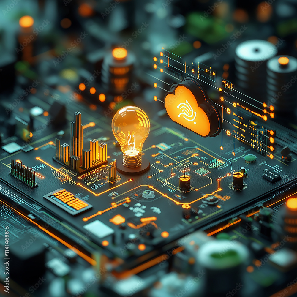 Poster glowing light bulb symbolizes innovation on circuit board, representing digital transformation and cloud technology. intricate details highlight modern business models