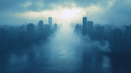 Fototapeta premium Gray shadows loom over the smog-filled skyline revealing a quiet city shrouded in pollution at dawn
