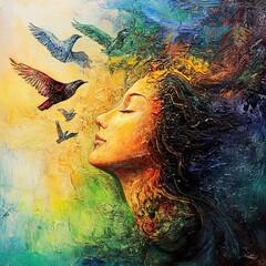 Serene Woman with Birds: A Dreamlike Oil Painting