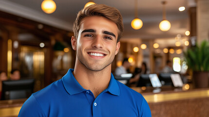 Fototapeta premium Smiling Young Male Professional in Blue Polo Shirt at Reception Desk 