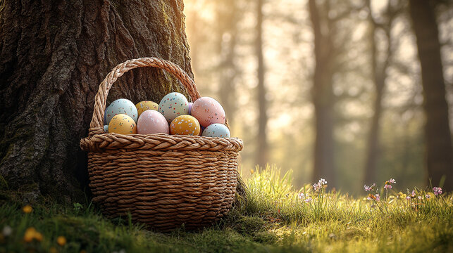 asket of colorful Easter eggs in a grassy meadow with wildflowers at golden hour.