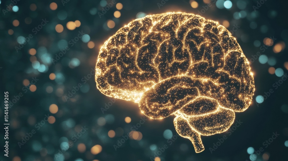 Poster visualizes the concept of a glowing human brain network showcasing vibrant neural connections and lu