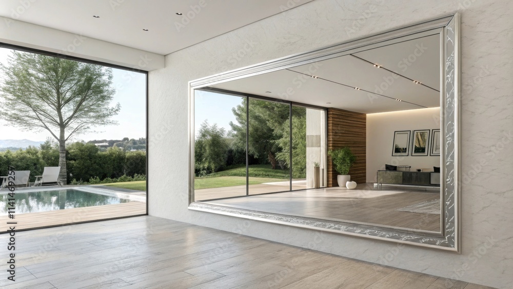 Poster a sleek frameless mirror reflects the open space creating an illusion of depth while contributing to