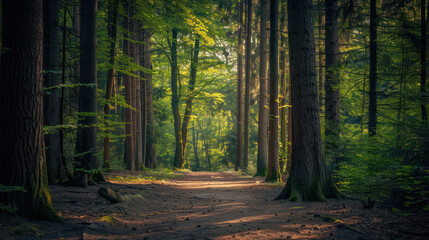 Obraz premium A serene forest path surrounded by tall trees and lush greenery