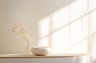 Minimalist home decor white bowl and dried flowers in sunlight.