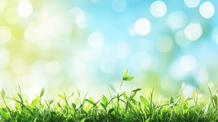 Fototapeta premium World environment day celebration with green grass and blue sky bokeh background
