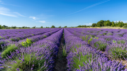 Obraz premium Lavender field with vibrant purple flowers under clear blue sky