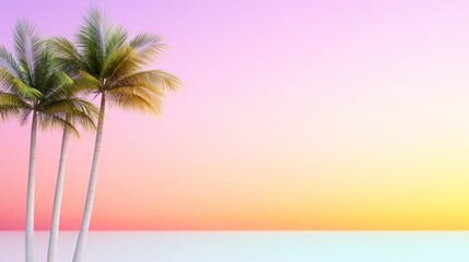Fototapeta premium Tropical scene with palm trees against a pastel sunset backdrop.