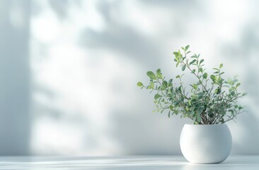 Fototapeta premium Small potted plant with sunlight shadows on a white background.