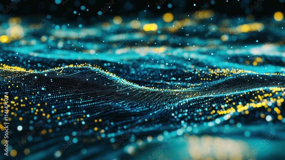 Poster flowing wave patterns composed of glowing particles in blue and green evoke a sense of depth and mov