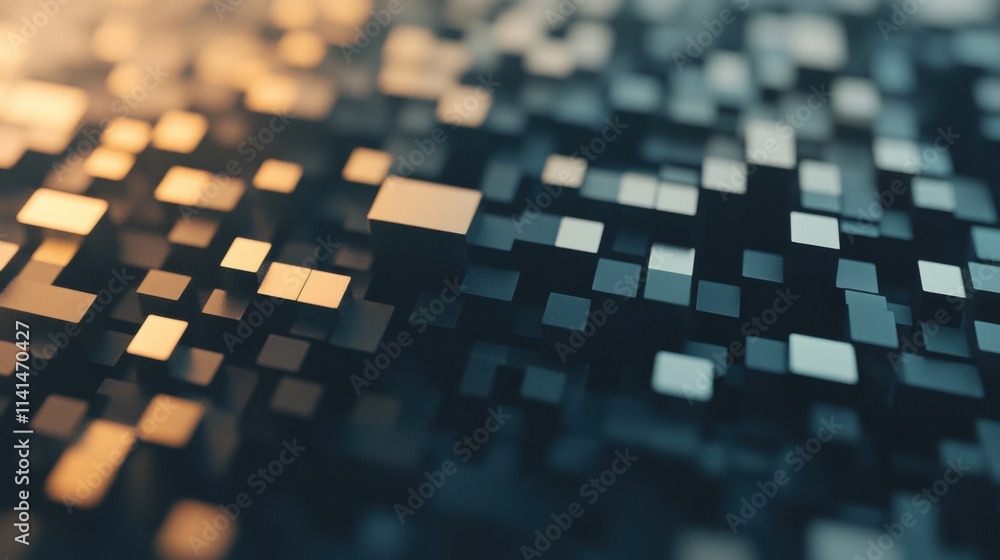 Poster geometric patterns emerge from metallic cubes featuring diverse colors and reflections, showcasing a
