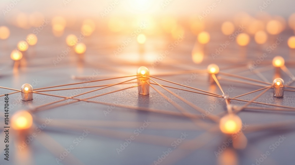 Poster abstract connections create a vibrant network as glowing nodes interlink against a soft horizon, sug