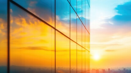 Modern office building features an abstract glass facade that reflects vibrant sunset colors against the urban skyline during evening hours