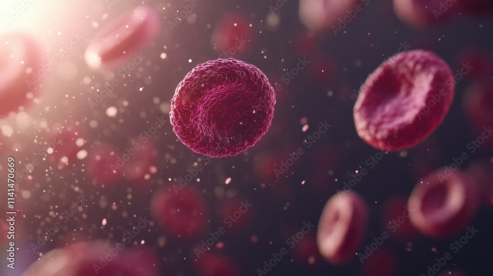Poster red blood cells float in a surreal backdrop, enhanced by soft bokeh effects, creating a captivating 