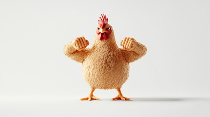 Fototapeta premium Fierce Chicken Flexing Powerful Arms in Defiant Fighting Pose - of a poultry bird with muscular limbs,symbolizing physical strength and aggressive energy.