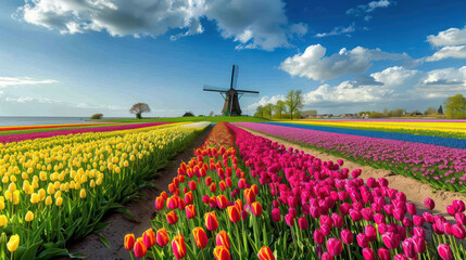 Vibrant tulip fields with windmill under blue sky create stunning landscape