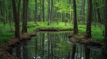 A serene forest scene with a reflective stream surrounded by lush greenery.