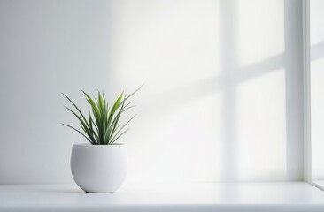Minimalist plant in white pot on windowsill.