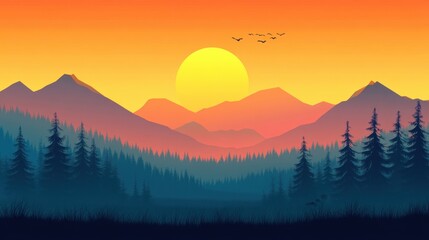 Vibrant Sunset Over Mountains and Forest with Silhouetted Trees and Birds
