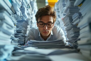 Man buried in paperwork, eyes closed. Illustrates stress, workload, or office overwhelm.