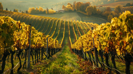 Naklejka premium A picturesque vineyard landscape with golden autumn leaves