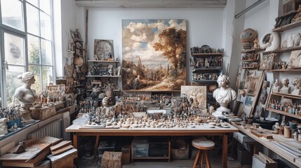 Cluttered artist's studio, sculptures, paints, brushes.