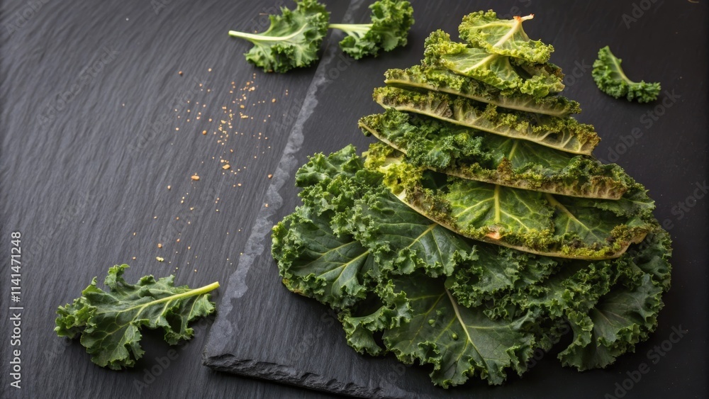 Poster A whimsical composition featuring kale chips with frayed edges artfully stacked in a cascading waterfall effect. Each leaf shows a unique texture ranging from ruffled dark