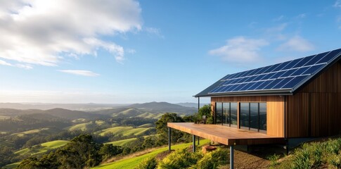 Fototapeta premium Modern Prefabricated Farm Building Featuring Sustainable Solar Panels for Eco-Friendly Agriculture