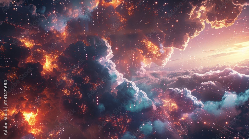 Poster big data is flowing through burning clouds in outer space, creating a stunning visual representation
