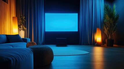 Adjustable lighting enhances a sleek, minimalist home theater for the ultimate cinematic experience.