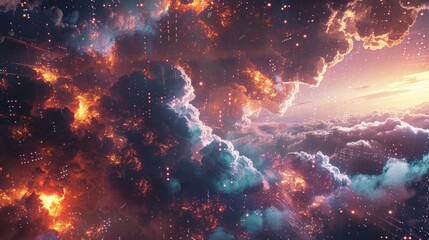 Big data is flowing through burning clouds in outer space, creating a stunning visual representation of information overload and the vastness of digital information