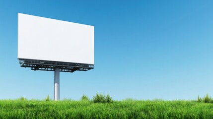 A blank billboard stands in a grassy field under a clear blue sky.